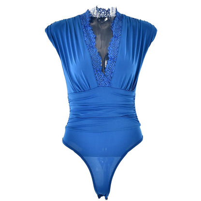 V neck lace hem ruched solid bodysuit