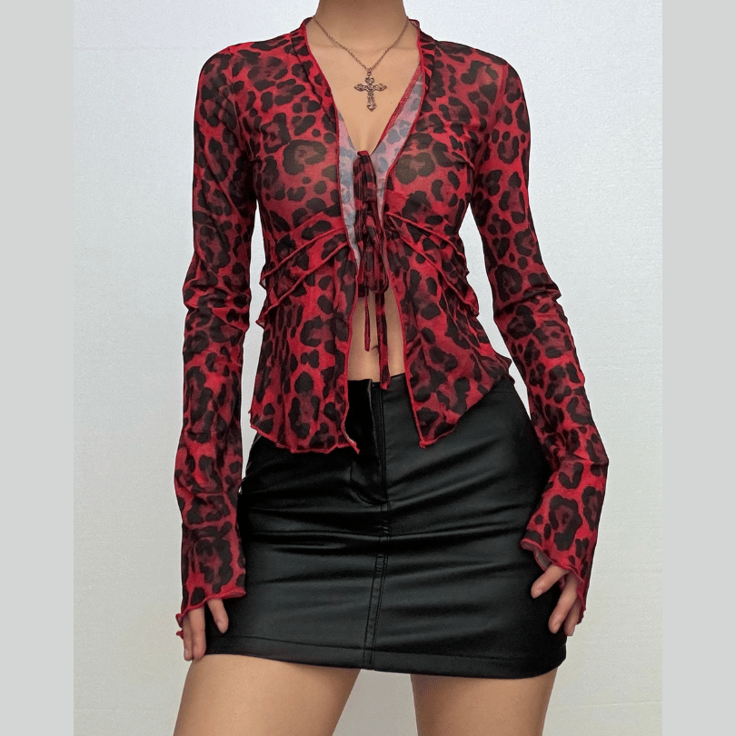Long flared sleeve leopard print ruffle knotted sheer mesh top