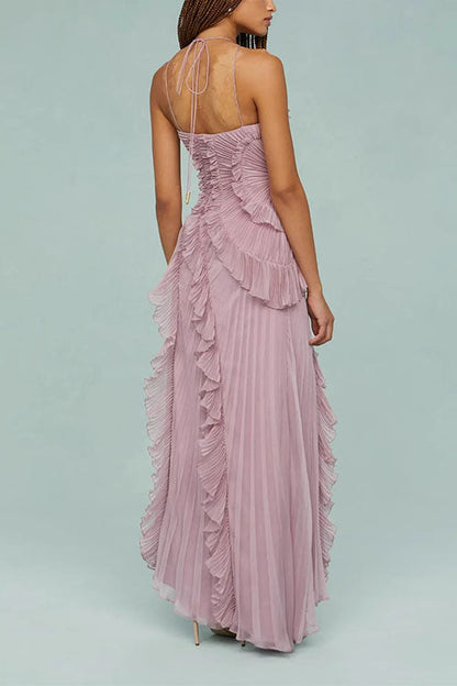 Meridress Strappy Halter Neck Ruffle Trim Asymmetric Hem Pleated Maxi Dress