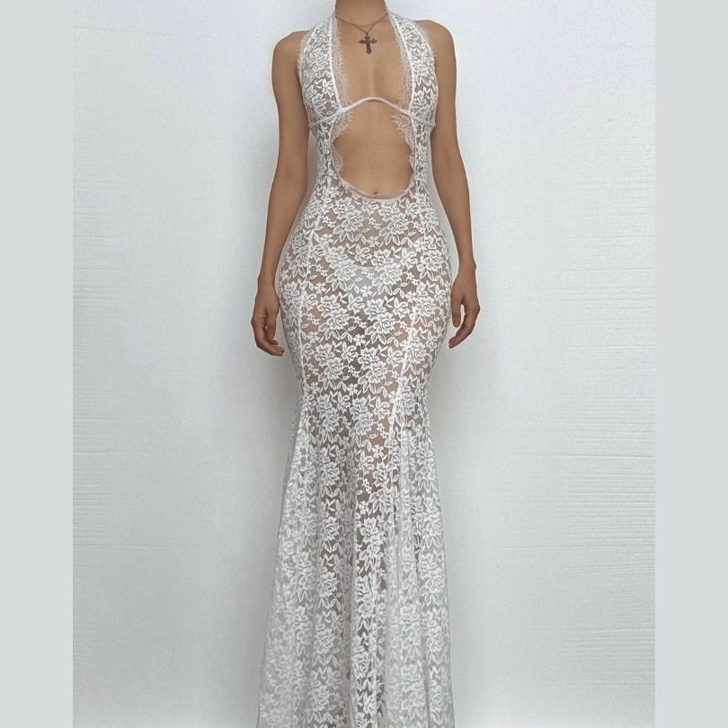 Halter lace see through hollow out cut out maxi dress