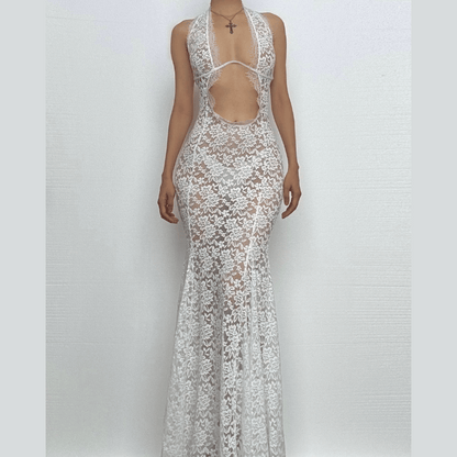 Halter lace see through hollow out cut out maxi dress