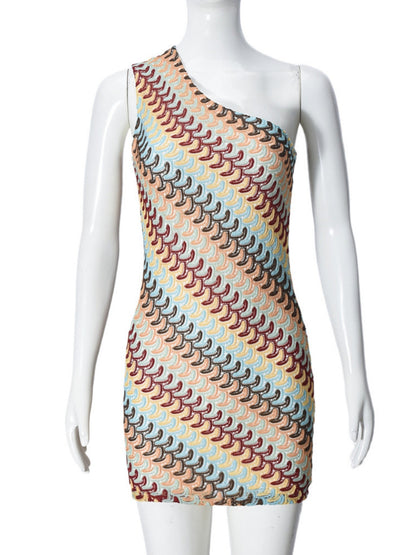 Striped Color Blocking Asymmetrical Neckline And Sleeveless Mini&Short Dresses
