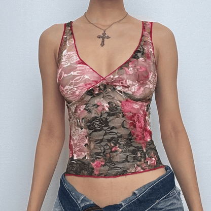 Lace v neck flower pattern stitch tank top