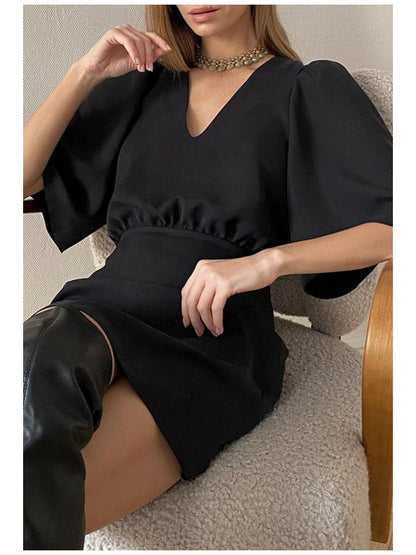 Black Short Sleeve V Neck A Line Dress