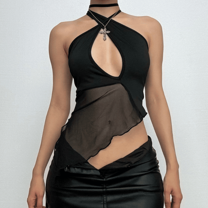 Halter mesh ruffle irregular backless top