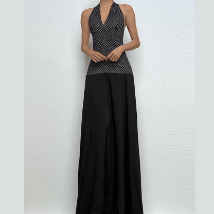 Halter polka dot print v neck backless maxi dress