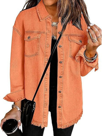 Denim Jacket With Frayed Pockets And Button Details