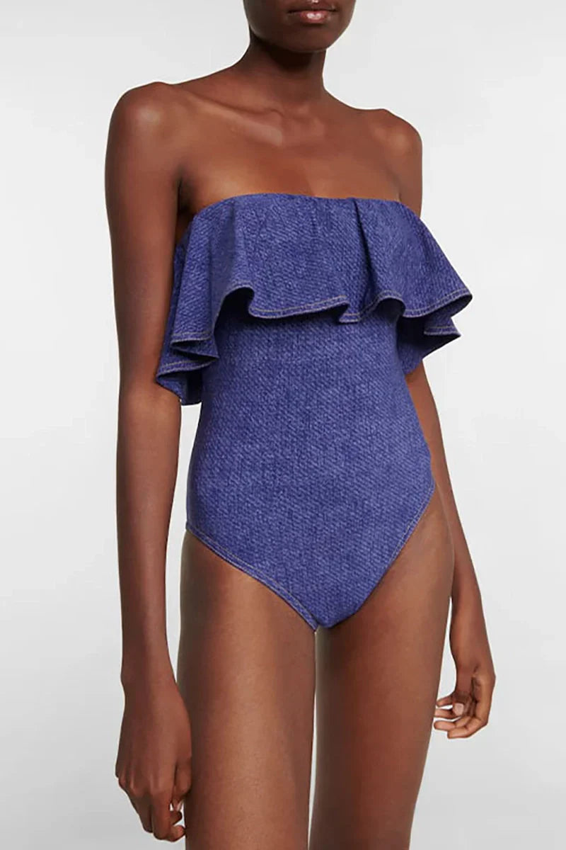 Denim Bandeau One Piece Swimsuit Set