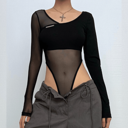 Long sleeve mesh metal tag patchwork bodysuit