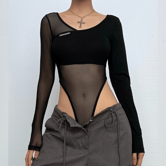 Long sleeve mesh metal tag patchwork bodysuit