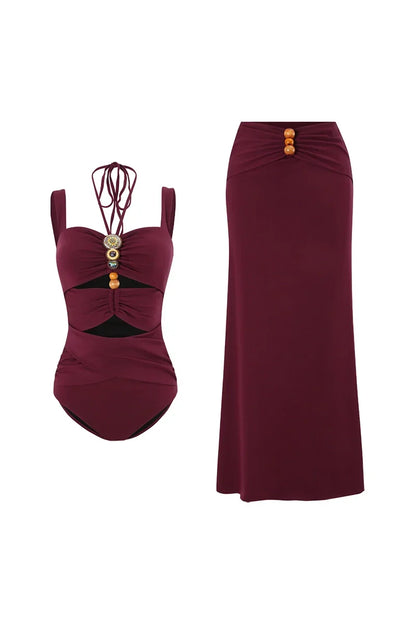 Burgundy Boho Beaded Cutout Swimsuit Set