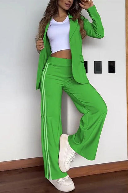Color Block Open Front Blazer Elastic Waist Slit Wide Leg Pants Set