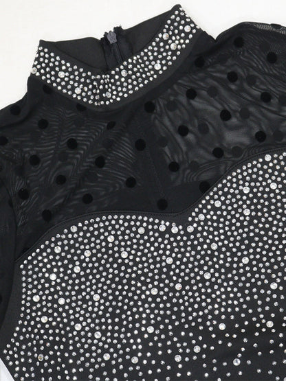 Hot-fix Rhinestone Mesh Long Sleeves Splicing Waist Shaping Slit Party Shiny Maxi Dresses