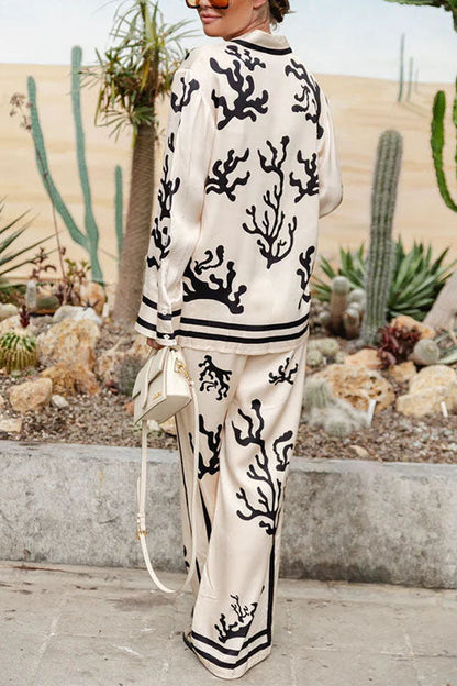 Meridress Long Sleeves Button Up Reef Print Satin Shirt