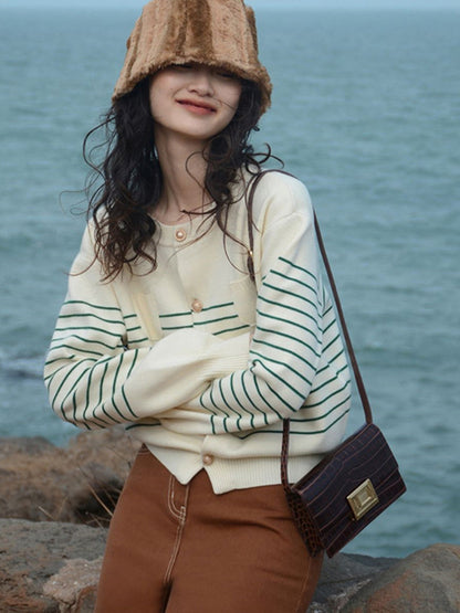 French Vintage Striped Loose Knit Cardigan