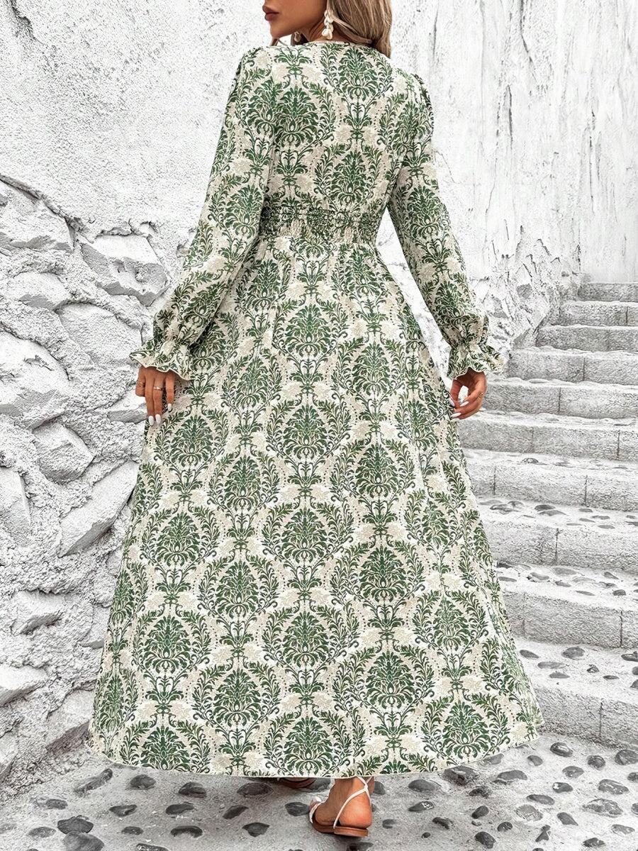 Floral Long Sleeve Square Collar Vacation And Leisure Maxi Dresses