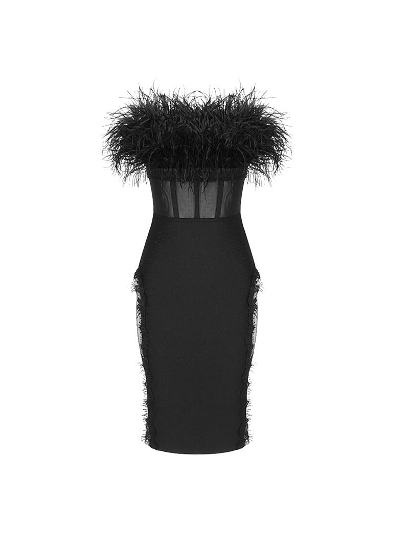 Feather Tube Mesh Corset Dress
