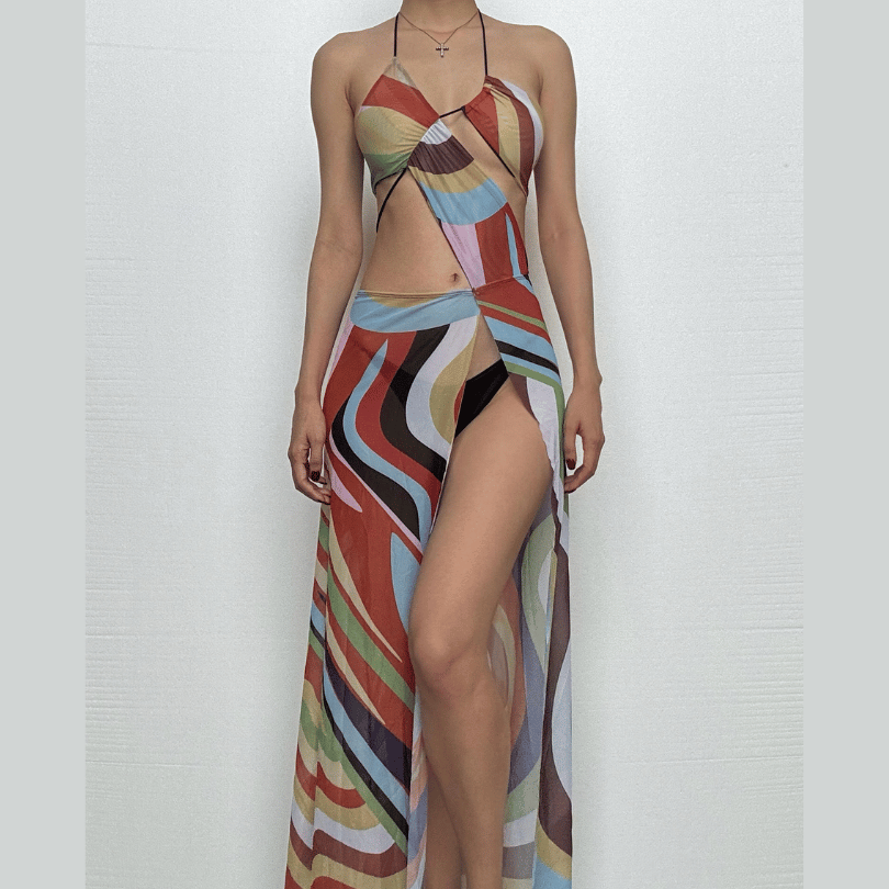 Halter print contrast high slit sheer mesh maxi dress