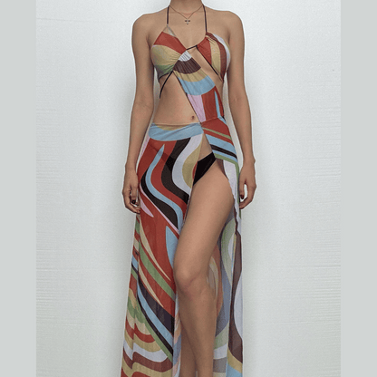 Halter print contrast high slit sheer mesh maxi dress
