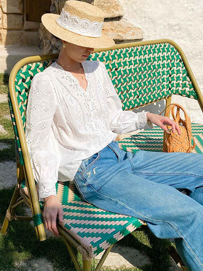 Aubrey Loose V-Neck Puff Sleeve Embroidered Top