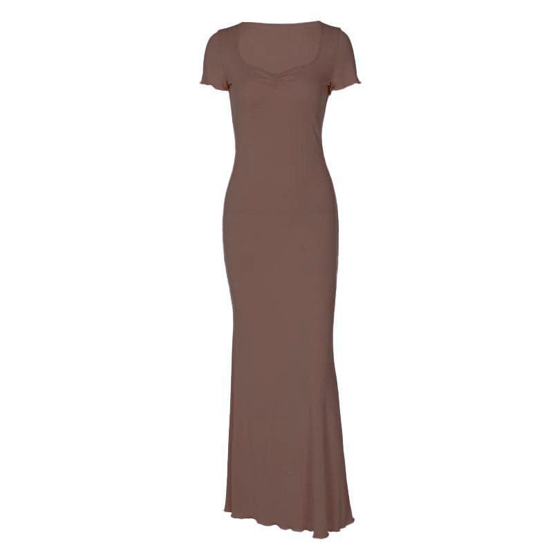 Short sleeve heart neck ruched ribbed solid maxi dress
