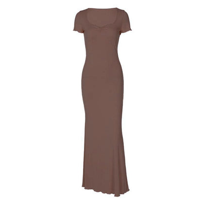 Short sleeve heart neck ruched ribbed solid maxi dress