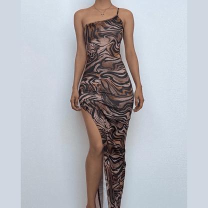 One shoulder slit leopard maxi dress