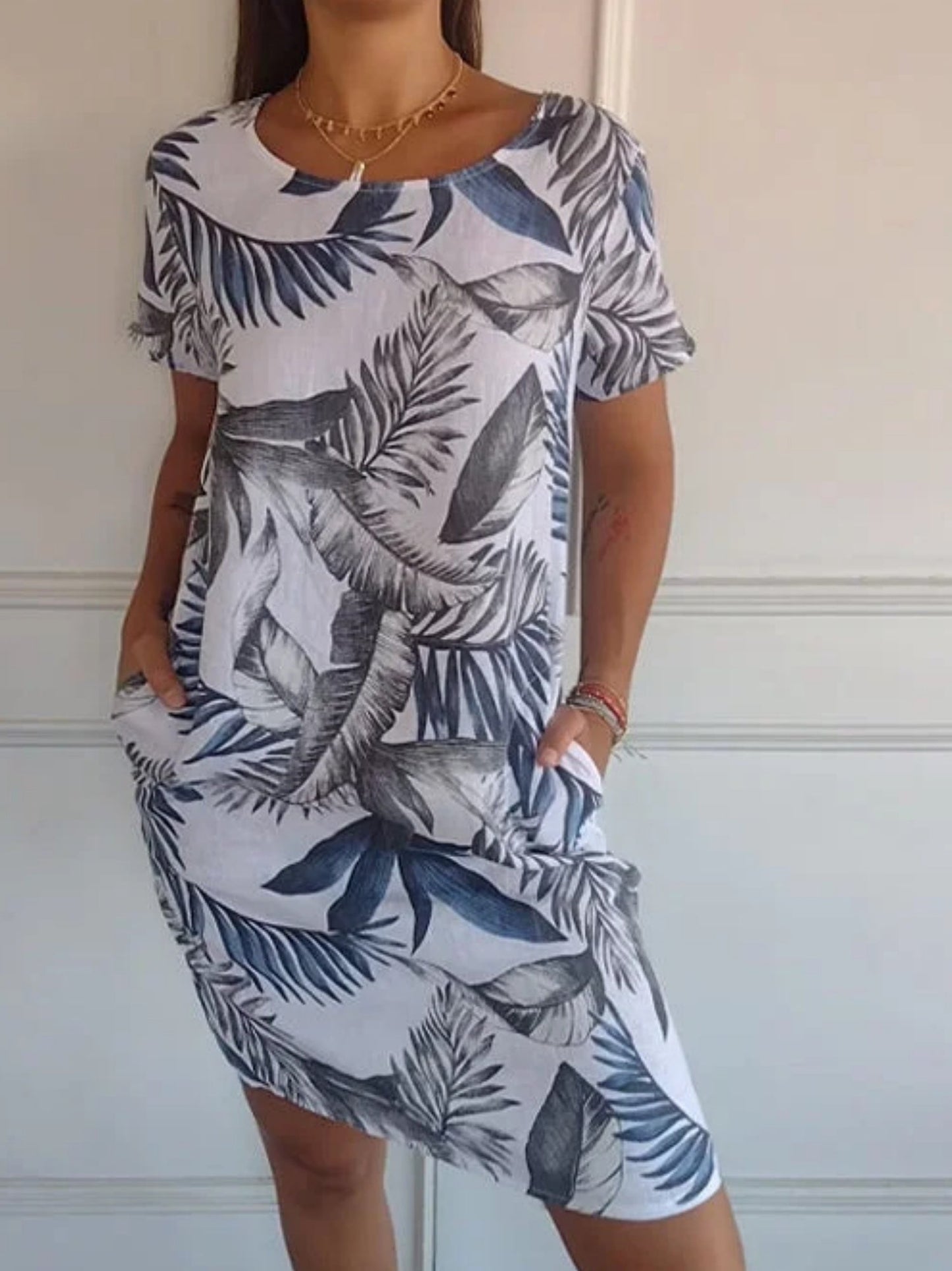 Printed Cotton And Linen Pocket Crew Neck Short Sleeve Mini&Short Dresses