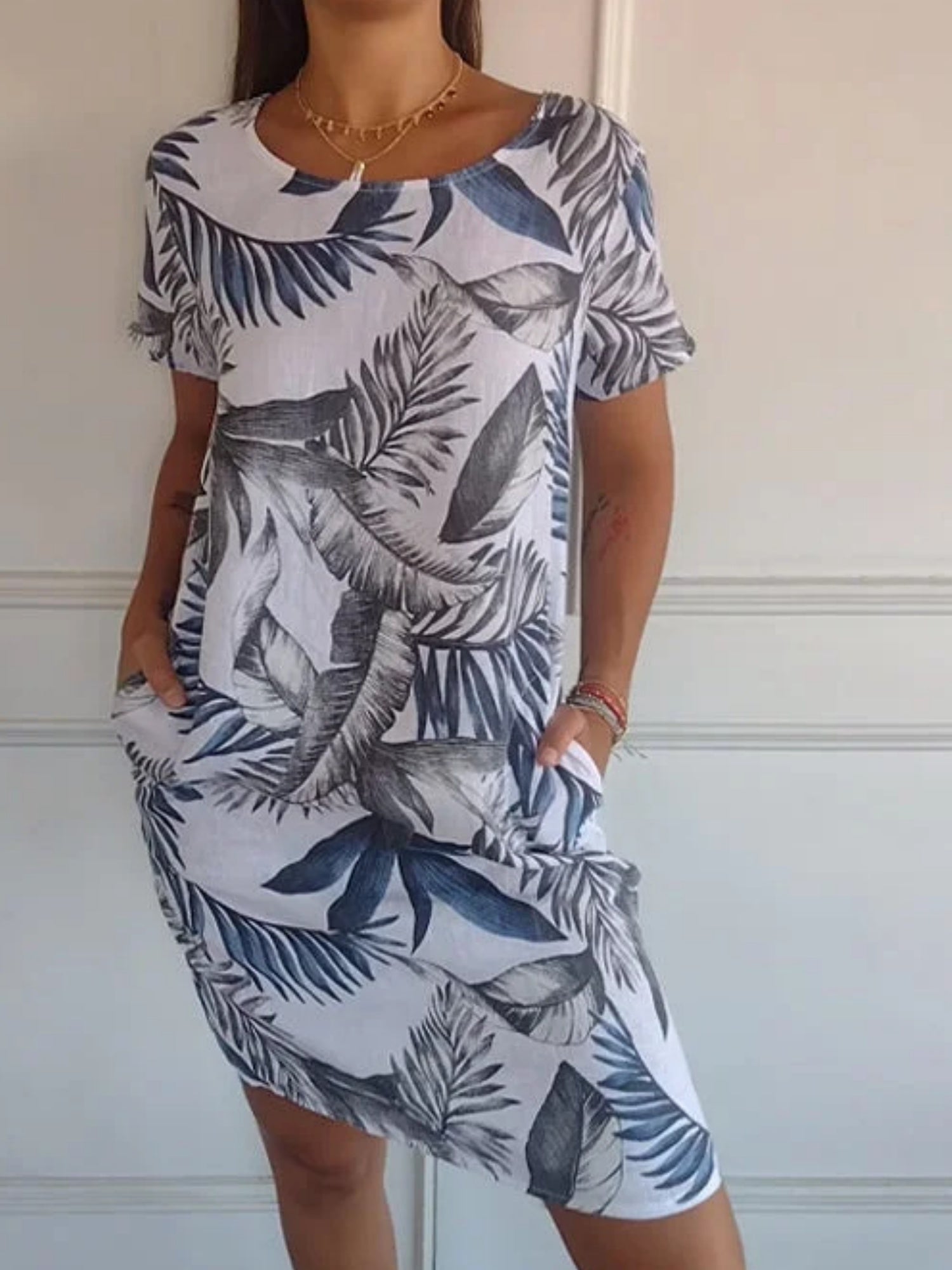 Printed Cotton And Linen Pocket Crew Neck Short Sleeve Mini&Short Dresses