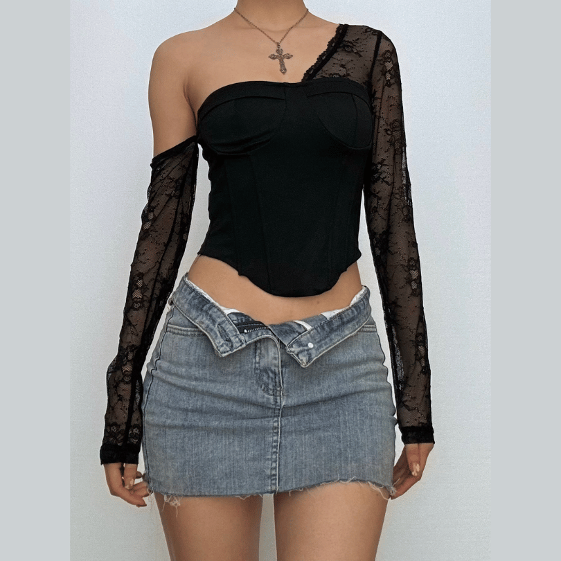 One shoulder long sleeve patchwork lace top