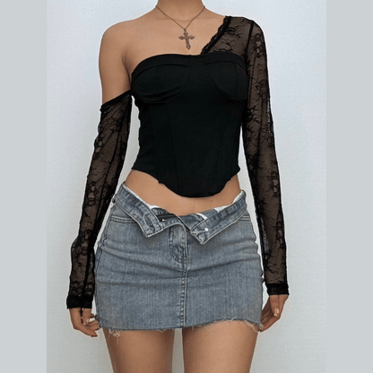 One shoulder long sleeve patchwork lace top