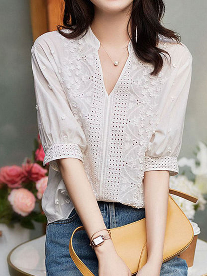 Brooke Classic V-Neck Puff Sleeve Hollowed Top