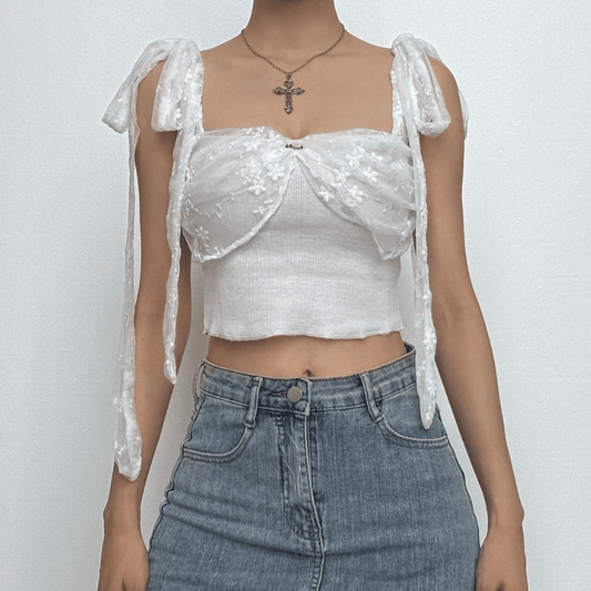 Lace ribbed ruched knotted cami top