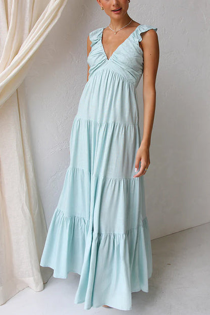 Plunging V-Neck Ruffle Strap Tiered Empire Waist Maxi Dress