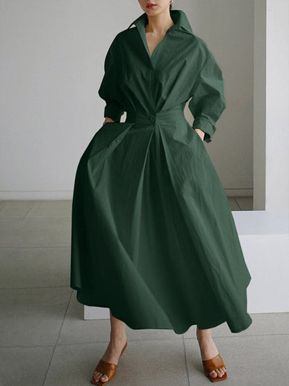 Deep V Collar Long Sleeve Pleated Pocket Midi Shirt Dress