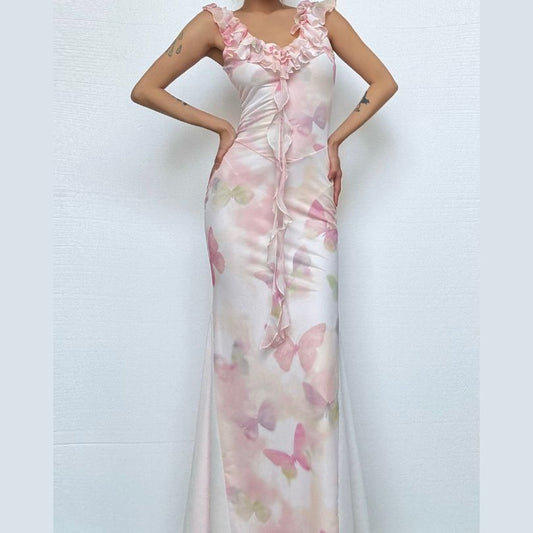 Mesh v neck ruffle butterfly print maxi dress