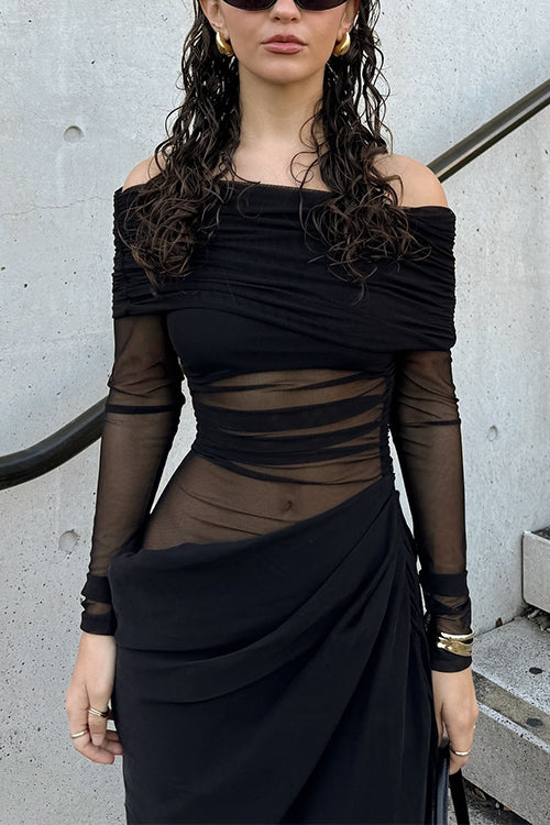 Meridress Off Shoulder Long Sleeves Mesh Splice Maxi Dress