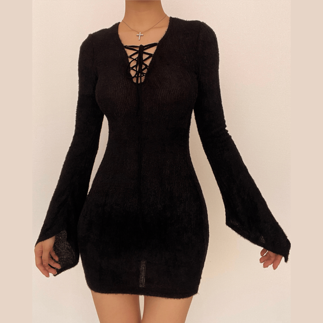 V-Neck Lace-Up Flared Bell Sleeve Fuzzy Knit Bodycon Mini Dress