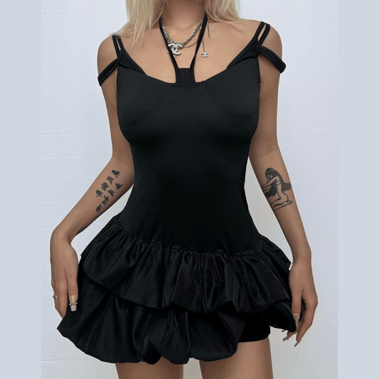 Halter self tie hollow out ruched solid cut out mini dress