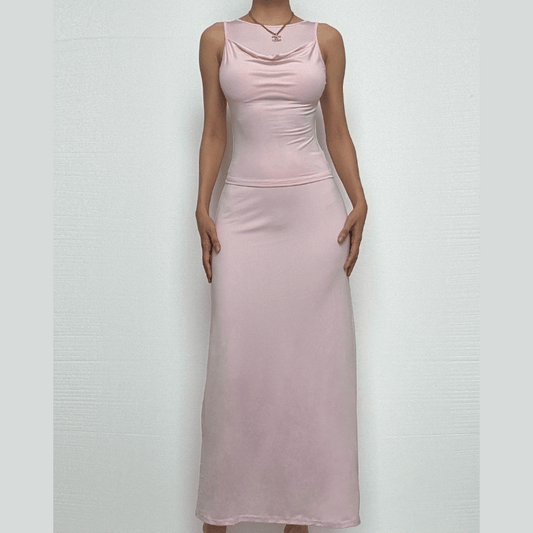Cowl neck ruched solid tank maxi dress