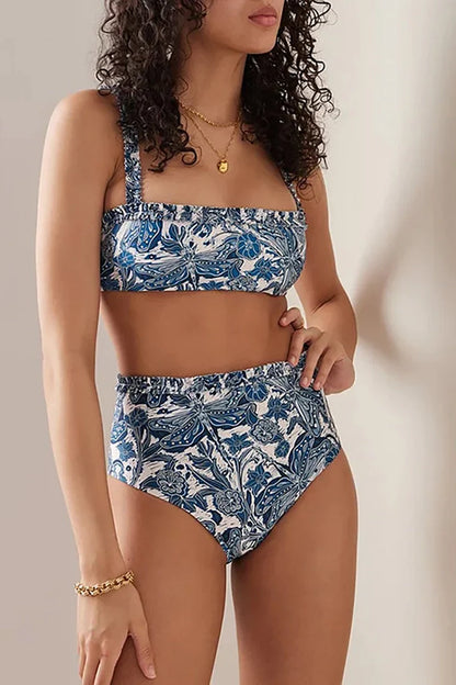 Blue Dragonfly Ruffle Skirt Swimsuit Set