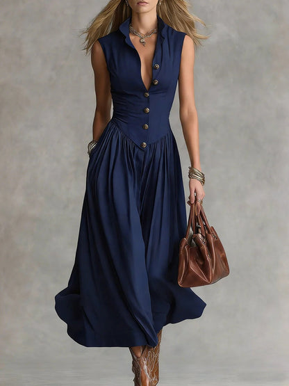Lapel Sleeveless Buttons Maxi Dresses