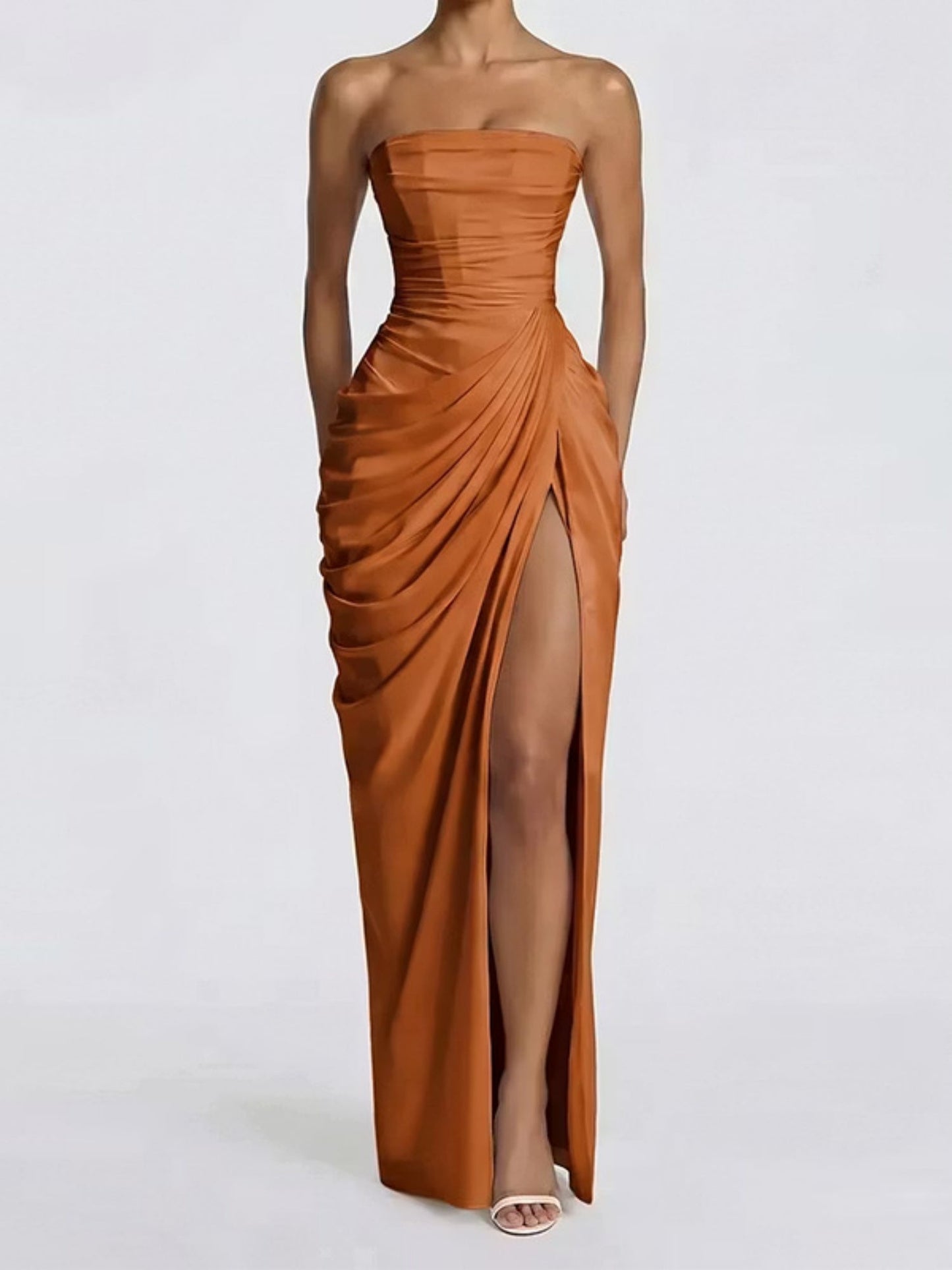 Pleated Slit Strapless Waist Maxi Dresses