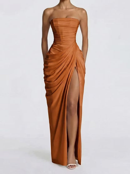 Pleated Slit Strapless Waist Maxi Dresses