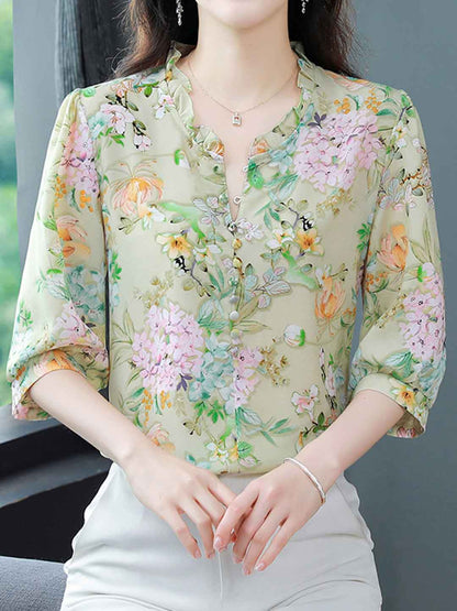 Bailey Loose V-neck Floral Ruffle Chiffon Top