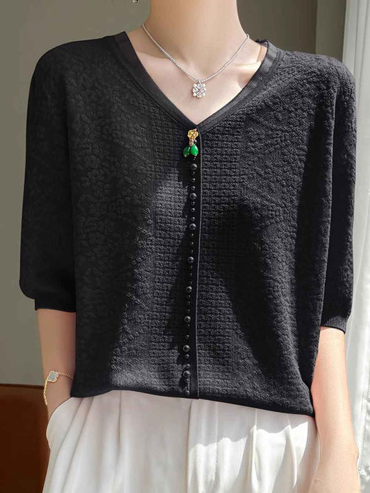 Alexis Retro V-Neck Lantern Sleeve Organza Top-Black