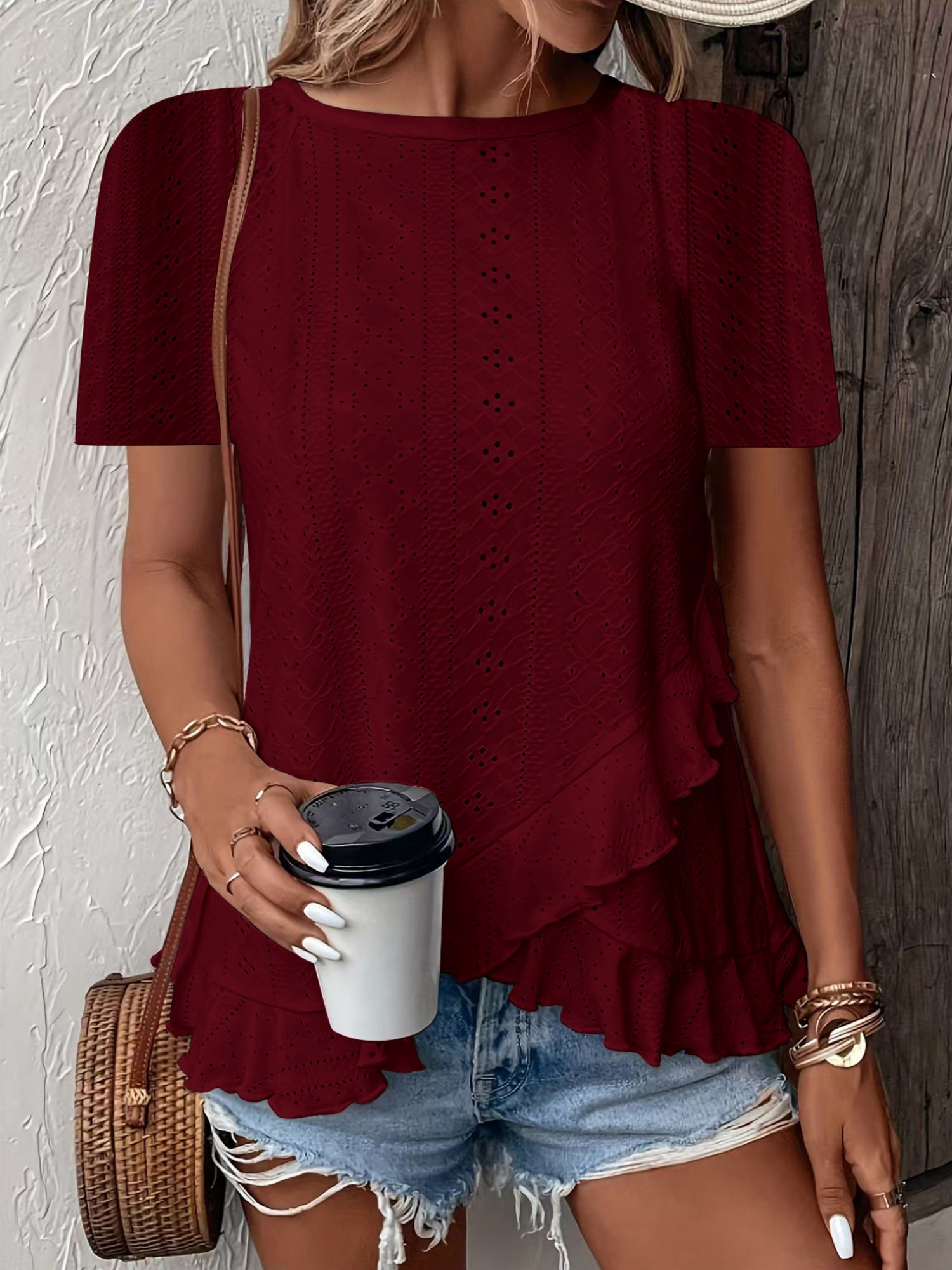 Jacquard Hollow Out Ruffle Crew Neck Short Sleeve T-shirts