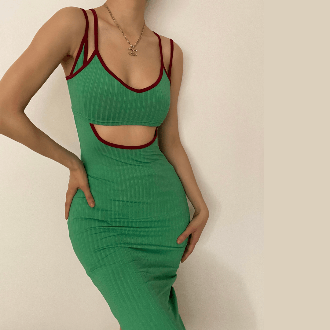 Rib Knit Scoop Neck Double Strap Contrast Trim Hollow Out Midi Dress