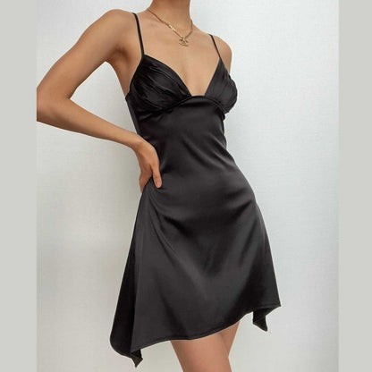 Ruched Bust Deep V Neck Spaghetti Strap Backless Mini Dress