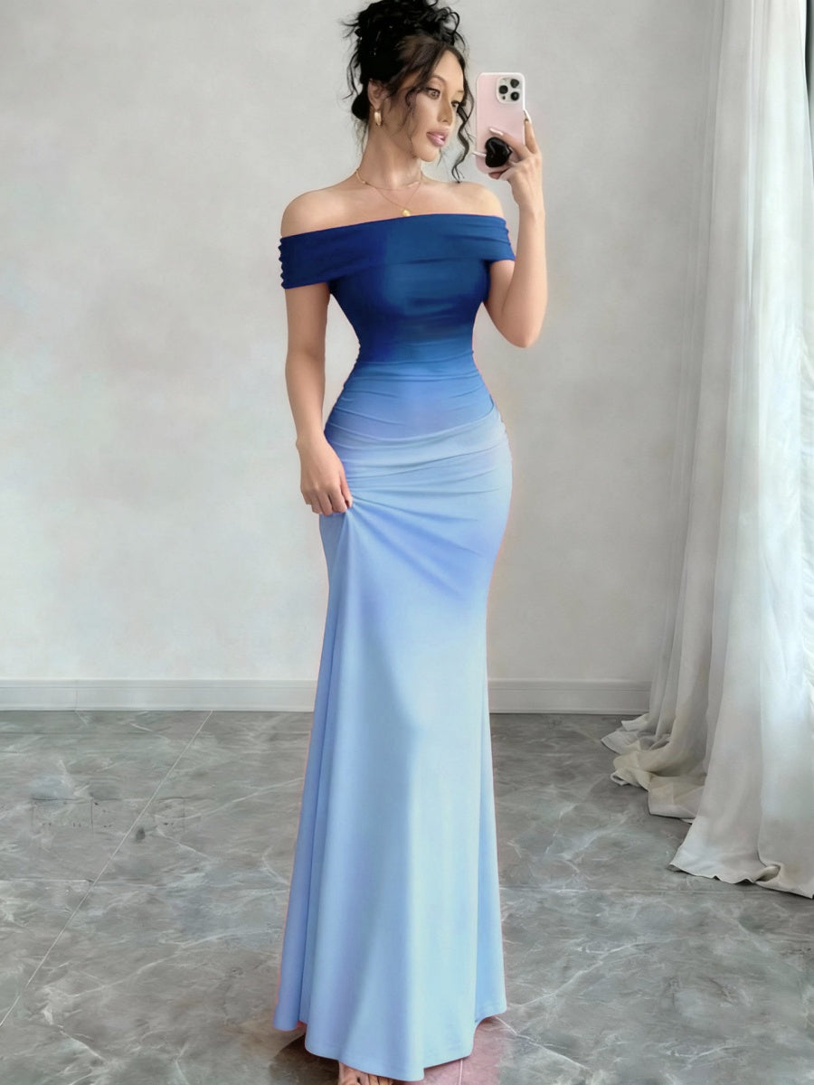 Off Shoulder Hip-hugging Gradient Maxi Dresses